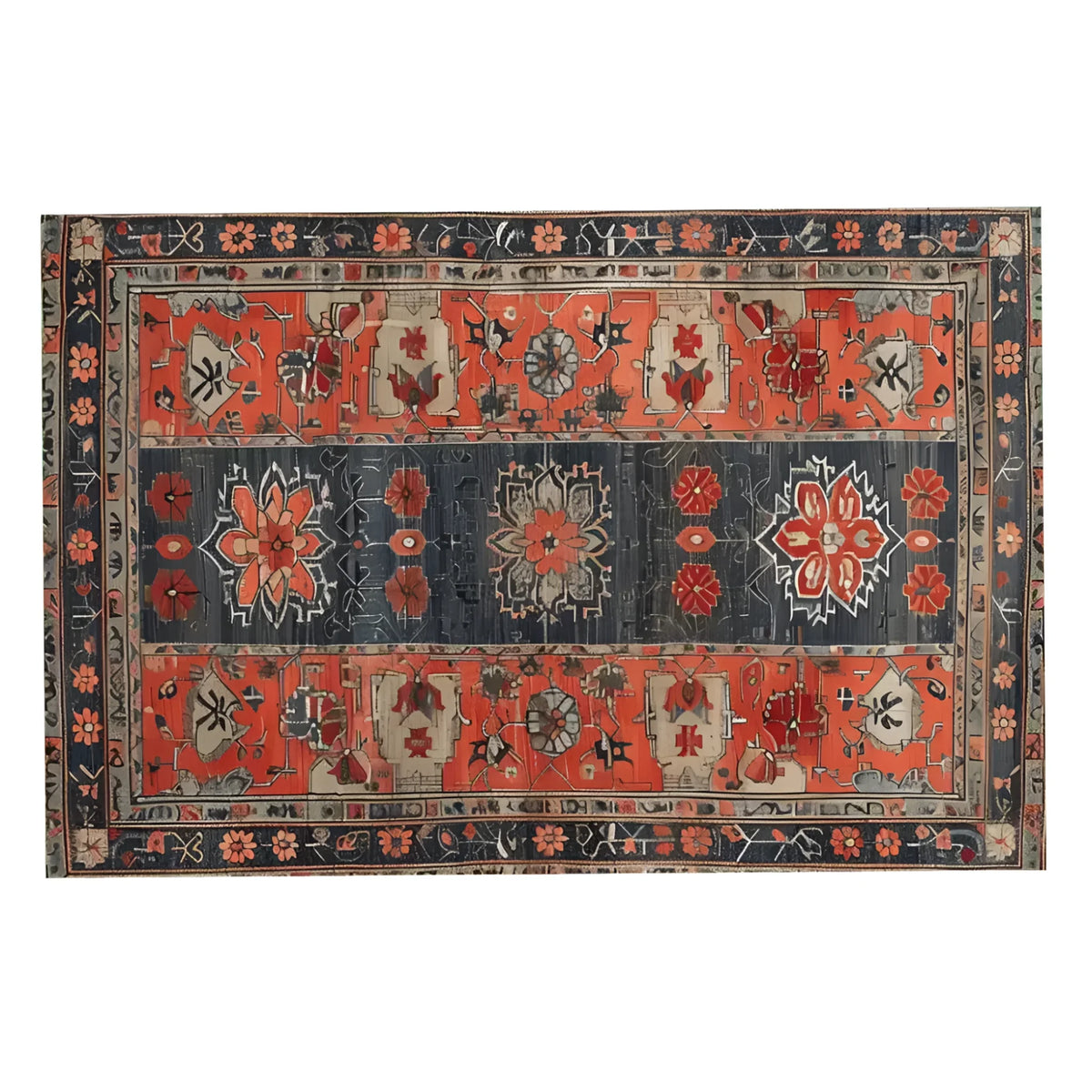 A beautifully crafted Caucasus Heritage Knotted Wool Area Rug, perfect for the office or as a centerpiece in living rooms. This 8x10 living room rug features intricate floral patterns in rich red and navy, highlighting its traditional design. Ideal for adding warmth and elegance to any space.