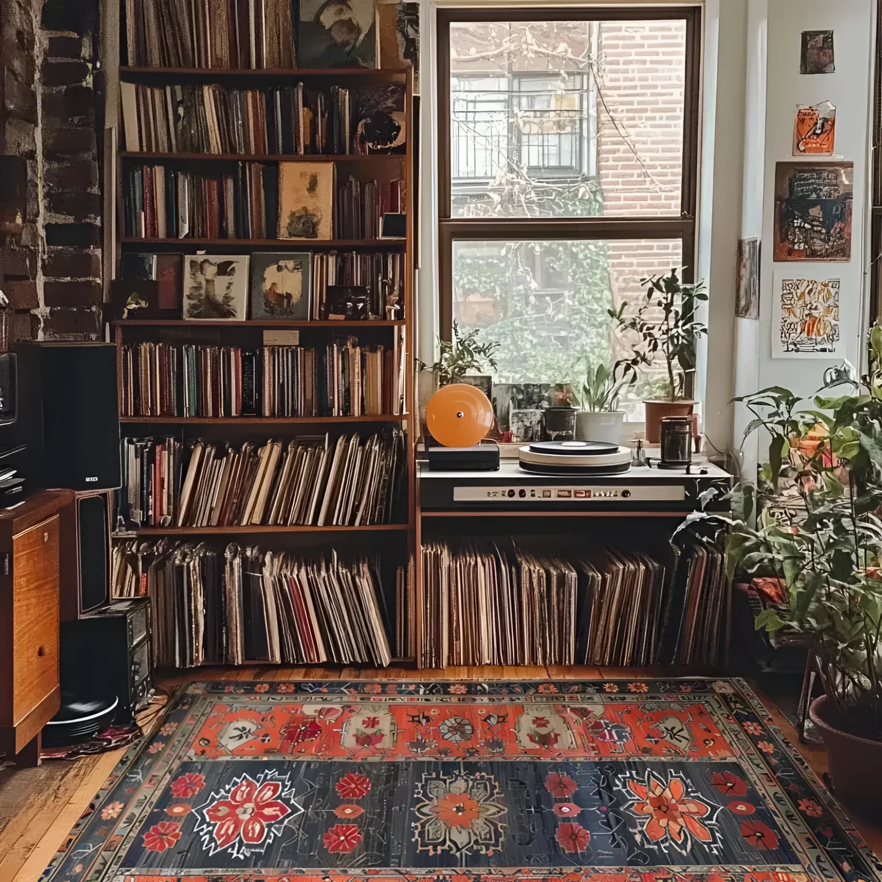 A cozy living room featuring a stunning Caucasus Heritage Knotted Wool Rug. The area rug is beautifully patterned with rich colors, enhancing the warmth of the space. It's perfect for an office or as a centerpiece among rugs for a living room, especially in an 8x10 setting.