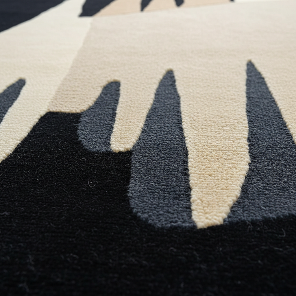 Close-up of a textured rug with black, beige, and gray pattern