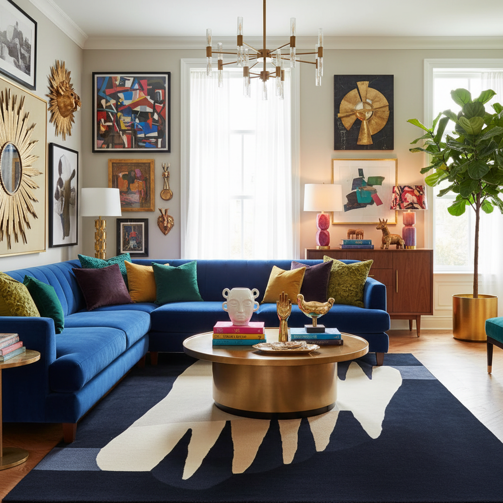 Living room with a blue sofa, an abstract wool rug, colorful pillows, and decorative items.