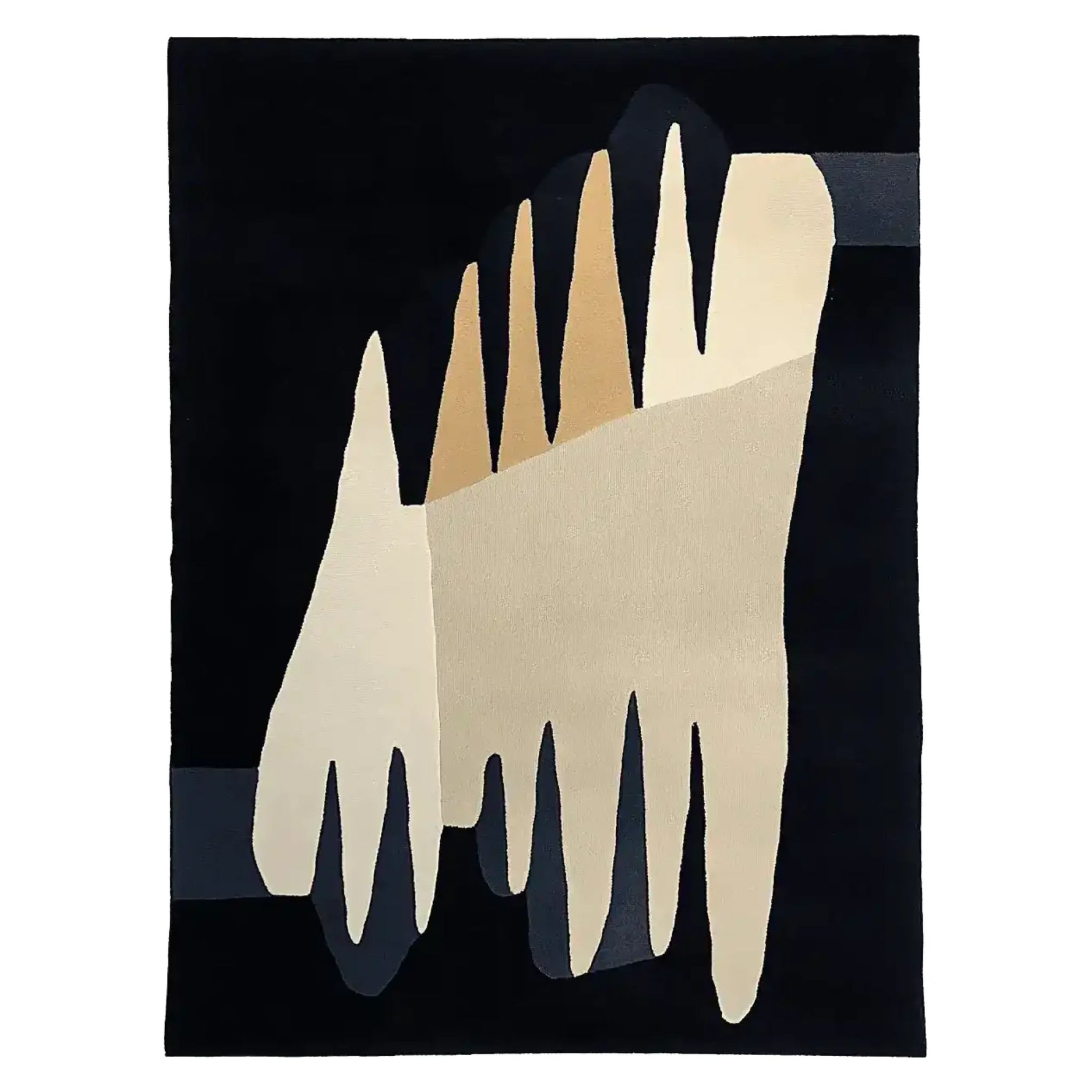 Top view of the Cave Light Reflections Hand Tufted Area Rug, showcasing an abstract design with cream and beige tones on a dark background. Ideal for living room area rugs, this contemporary wool rug adds a modern touch to your space.
