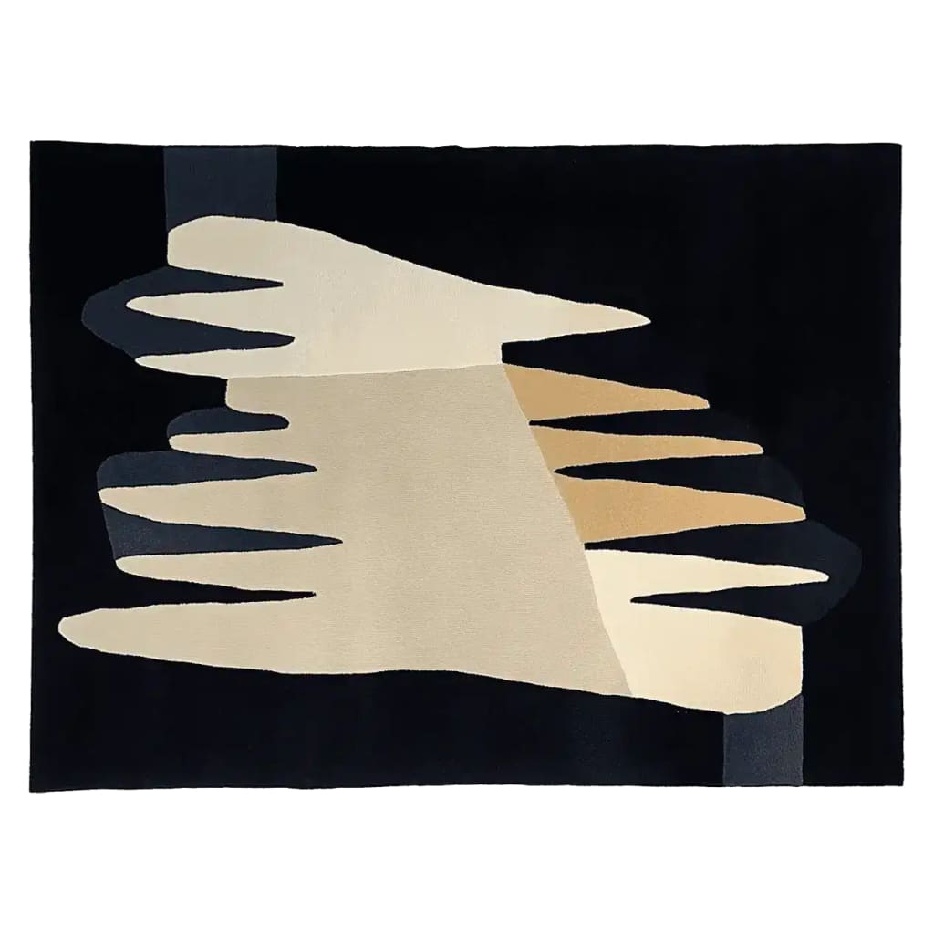 A contemporary wool area rug featuring abstract design patterns in shades of black, beige, and tan, perfect for enhancing the living room decor. This hand-tufted rug adds a modern touch to any living space.