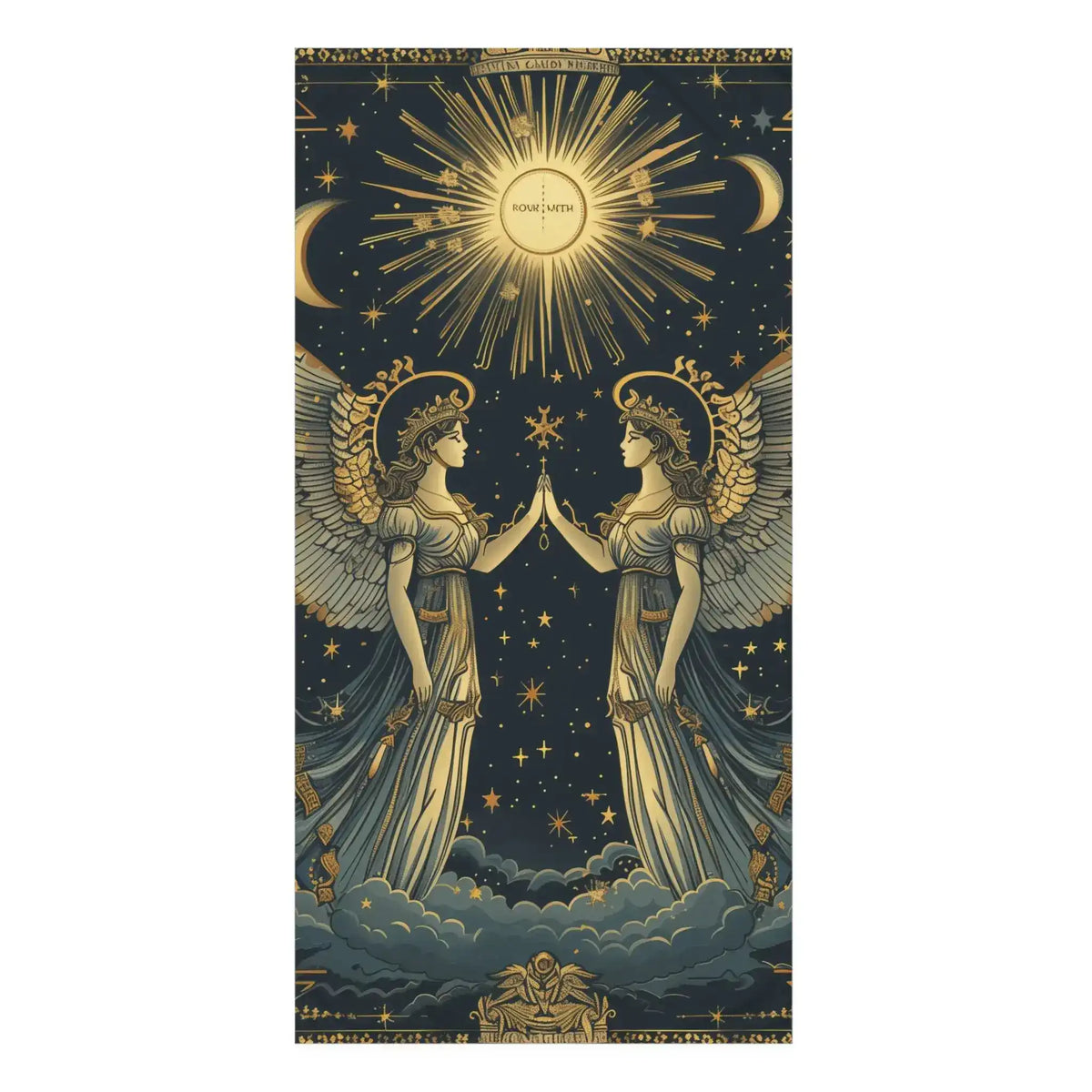 Dark navy bath towel with two gold cream winged angels facing under radiant sun and crescent moon on starry sky, portrait