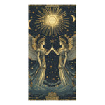 Dark navy bath towel with two gold cream winged angels facing under radiant sun and crescent moon on starry sky, portrait