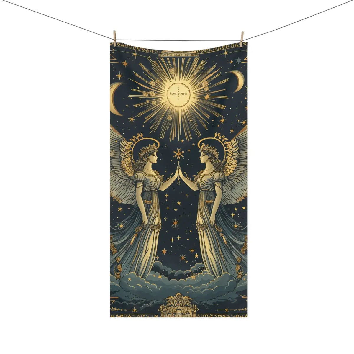 Celestial angels vintage zodiac bath towel hanging on clothesline with clothespins against white background