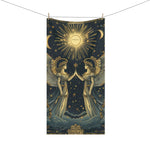 Celestial angels vintage zodiac bath towel hanging on clothesline with clothespins against white background
