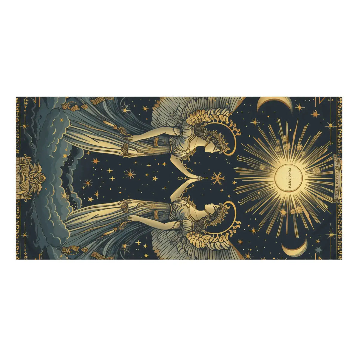 Celestial angels vintage zodiac bath towel in landscape orientation showing mirrored winged figures and golden sunburst