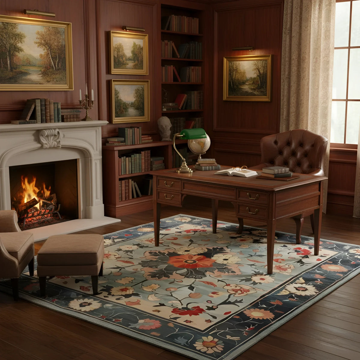 Cozy living room with fireplace, bookshelves, and a desk.