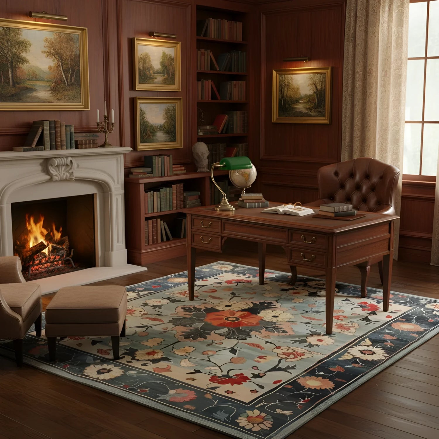 Cozy living room with fireplace, bookshelves, and a desk.