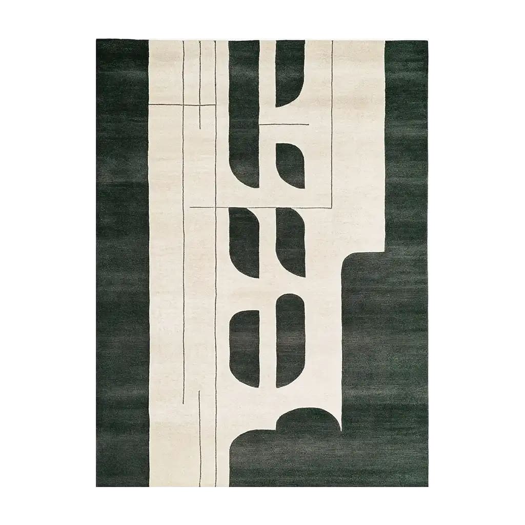 Top view of the Celestial Cosmos Song Knotted Wool Area Rug, featuring an abstract design with bold geometric shapes and neutral tones.