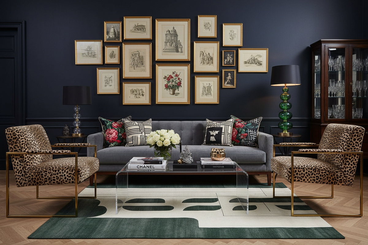 Modern living room with gray sofa, rug, patterned chairs, and framed art on the wall.
