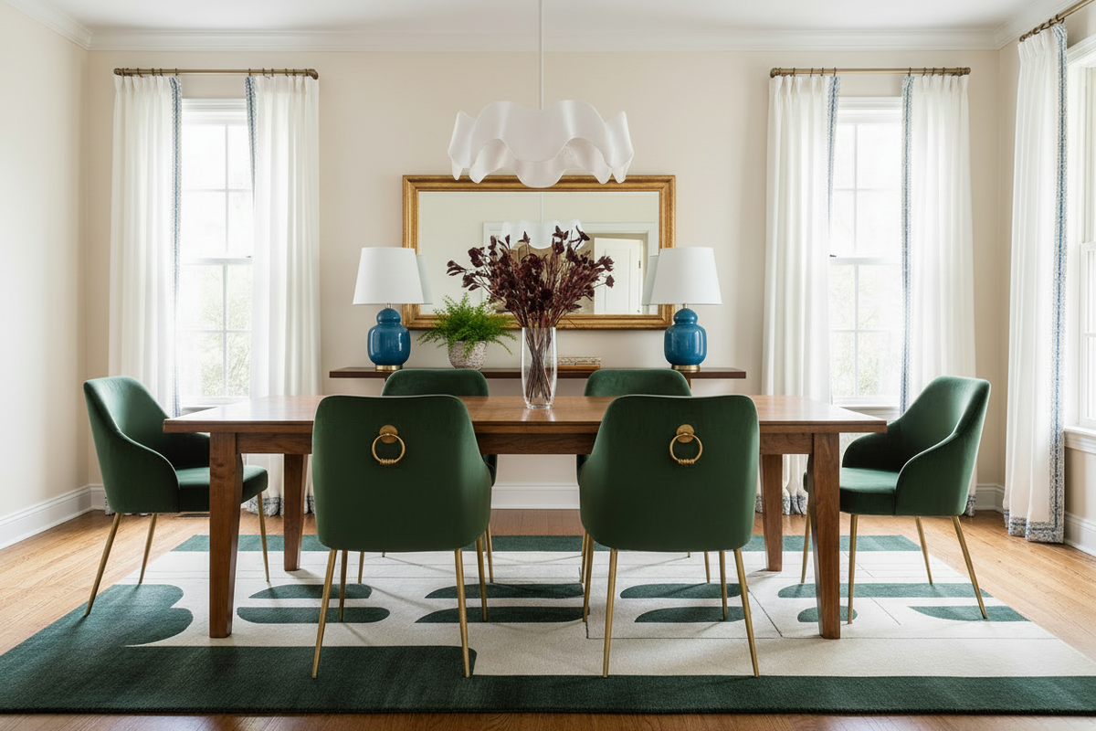 Dining room with wooden table and green chairs, decorated rug, with a vase and lamps.