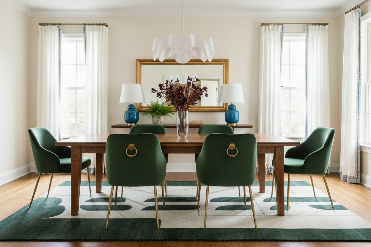 Dining room with wooden table and green chairs, decorated rug, with a vase and lamps.