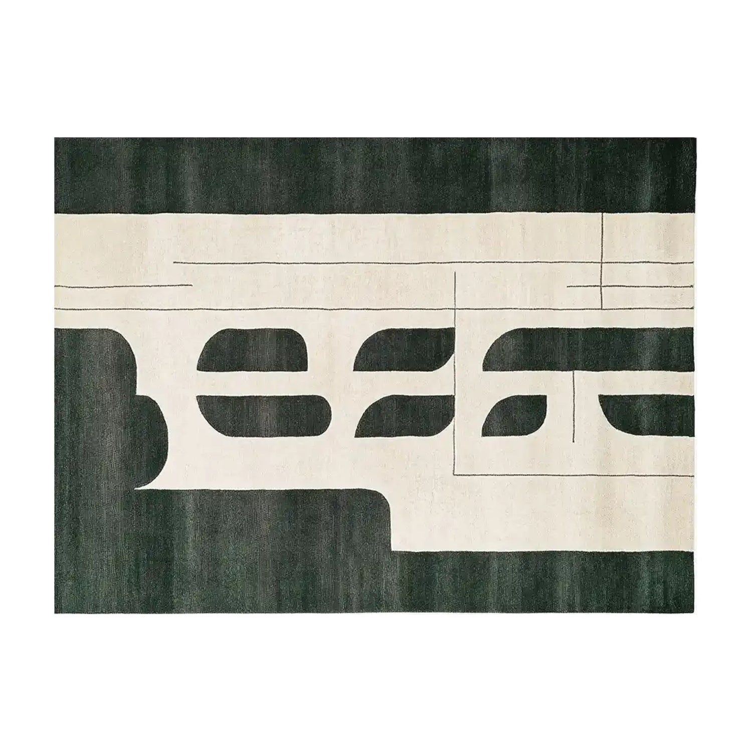 Top view of the Celestial Cosmos Song Knotted Wool Area Rug featuring a modern abstract design with bold black and white patterns, perfect for adding a contemporary touch to any space.