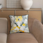 Celestial crane throw pillow cover featuring intricate floral designs and a vibrant yellow background, perfect for adding a touch of elegance to any living space.