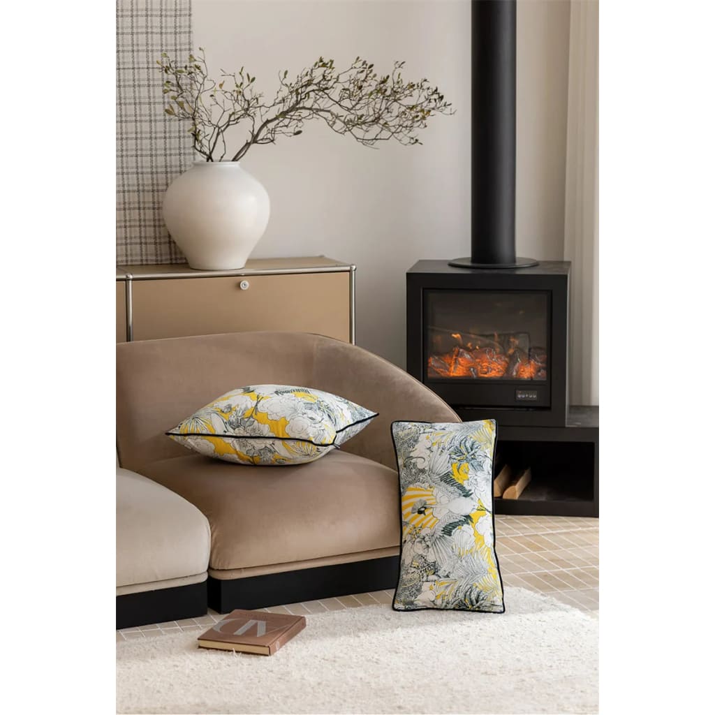 Celestial Crane majestic throw pillow cover featuring floral designs in yellow and blue, perfect for adding a touch of elegance to your living space.