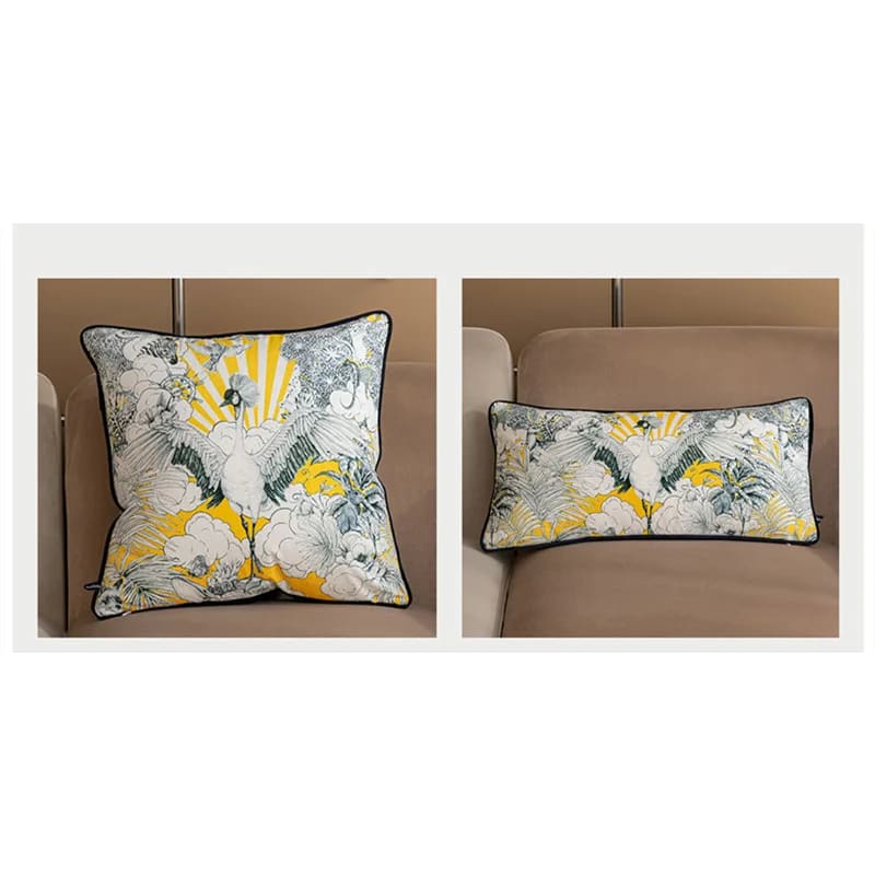 Celestial Crane throw pillow cover featuring vibrant yellow and intricate crane designs, perfect for adding a touch of elegance to your home decor.
