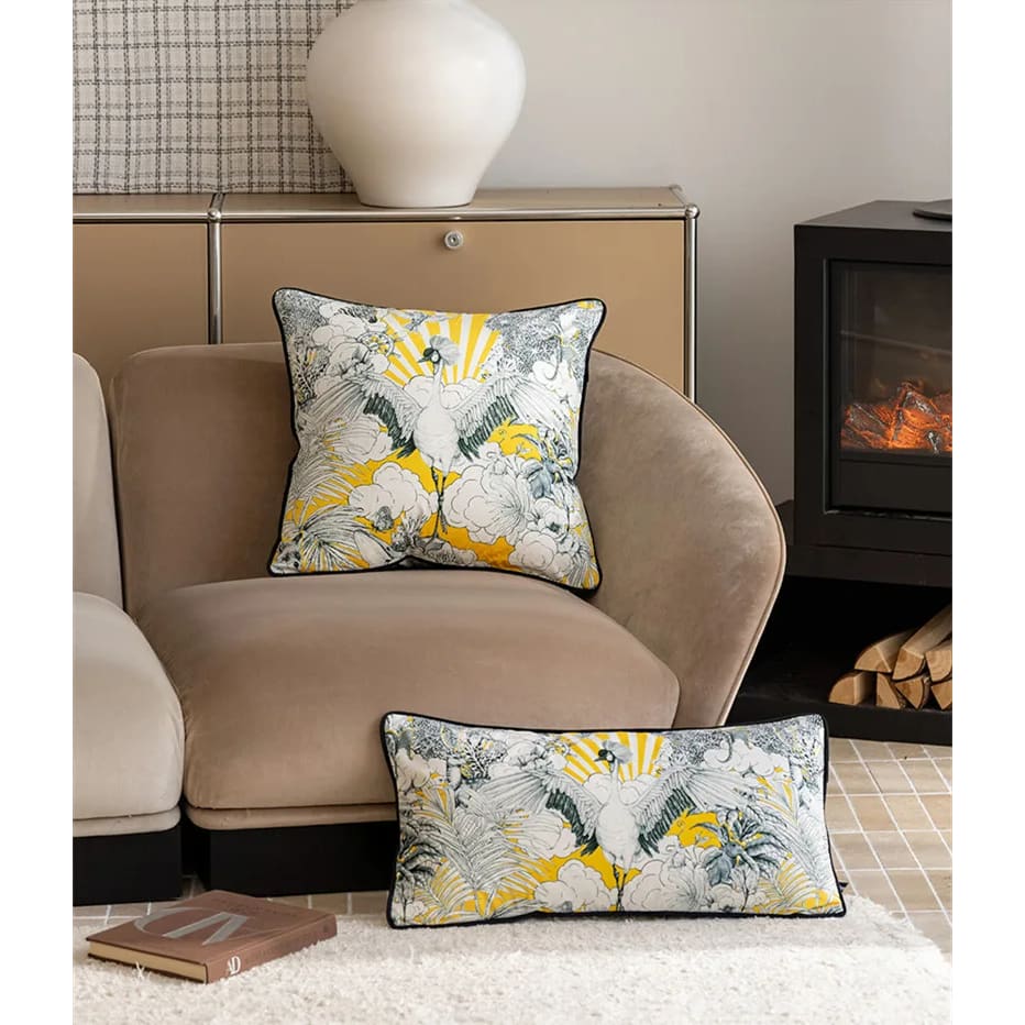 Celestial Crane throw pillow cover featuring intricate designs of cranes and floral patterns in vibrant colors, perfect for home decor.