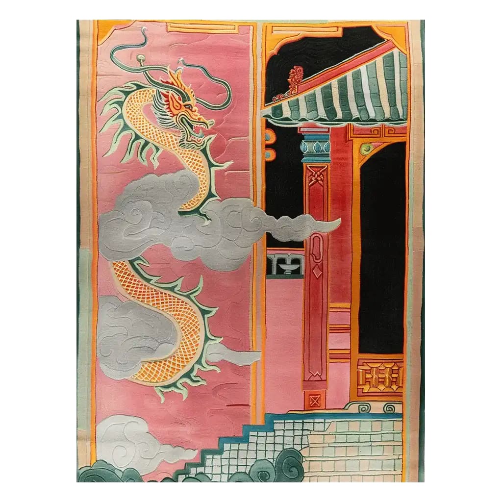 A vibrant hand-tufted wool area rug featuring a celestial dragon design. The dragon is intricately woven, surrounded by clouds and set against a backdrop of traditional architectural elements. The colors are bold and striking, creating a dynamic and artistic focal point for any room.