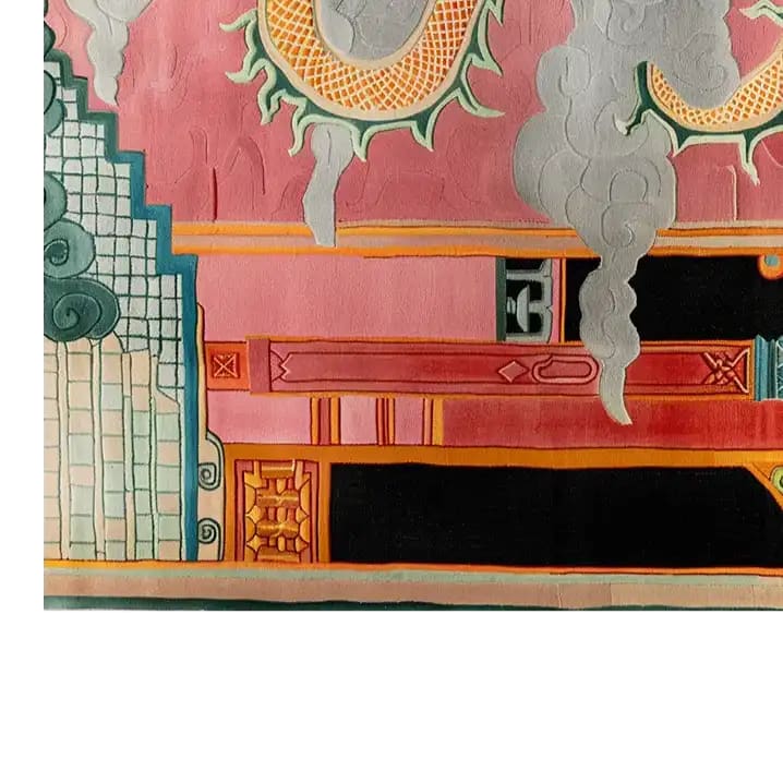 Vibrant and intricately designed area rug featuring a celestial dragon motif in shades of pink, orange, and green. The detailed hand-tufted wool rug showcases a combination of swirling clouds and geometric patterns, adding a touch of luxury and cultural depth to any space.