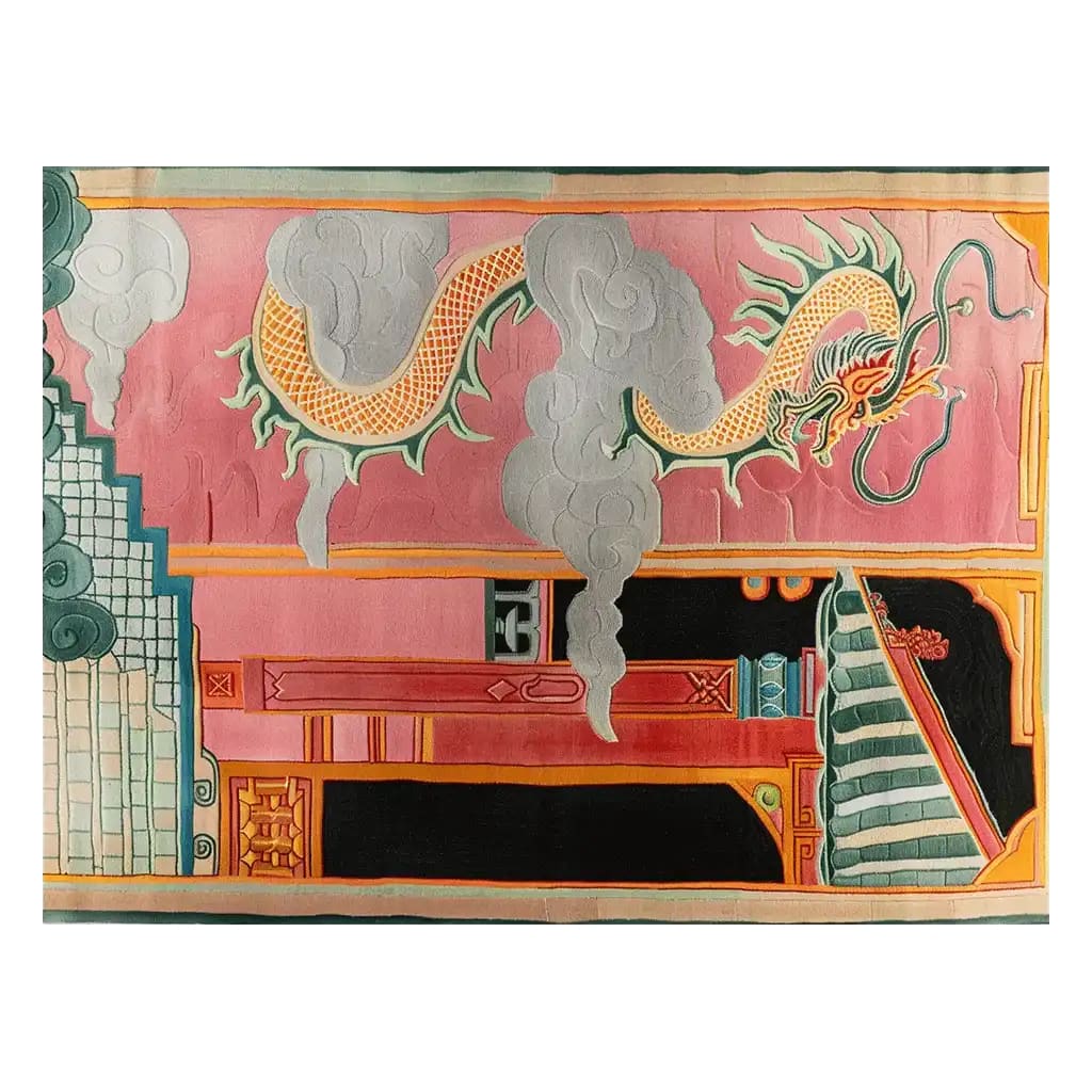 Vibrant Celestial Dragon Haven area rug featuring a mystical dragon design on a pink and orange background, showcasing intricate hand-tufted details in wool.