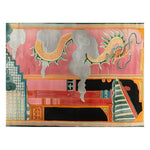 Vibrant Celestial Dragon Haven area rug featuring a mystical dragon design on a pink and orange background, showcasing intricate hand-tufted details in wool.