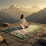 Woman meditating on a rug with mountains in the background