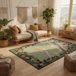 Living room with a decorative rug featuring a unicorn design, plants, and a couch.