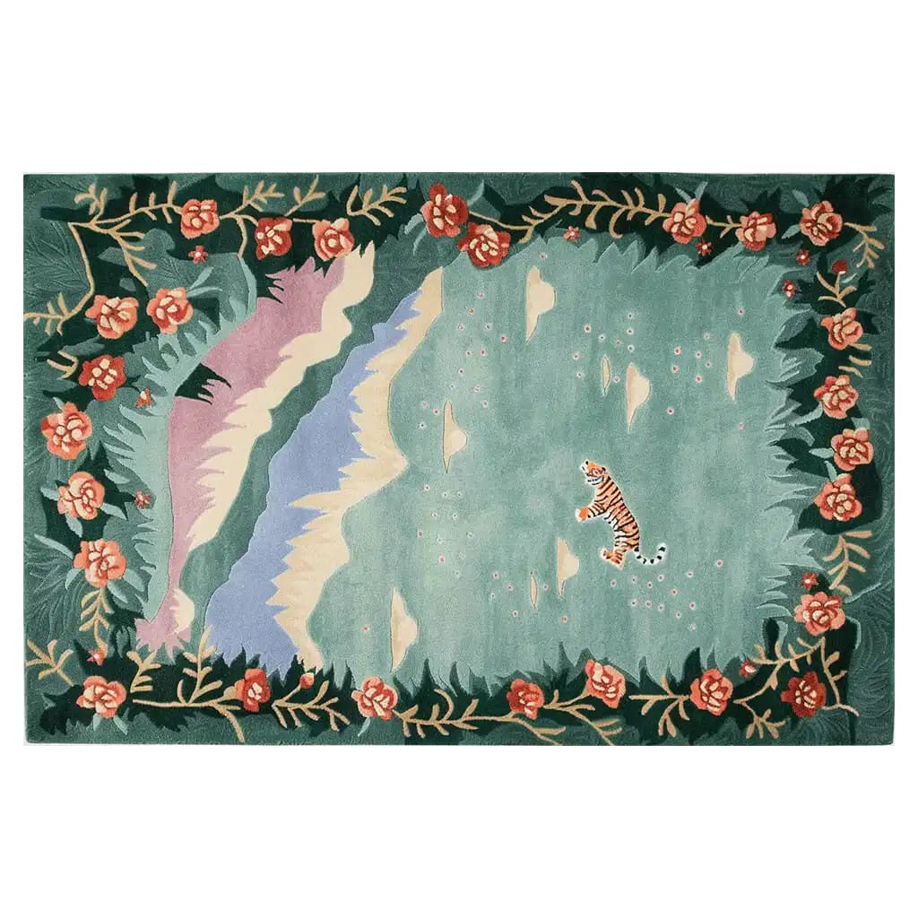 A beautifully designed hand-tufted wool area rug featuring an abstract landscape with a central tiger motif. The rug is adorned with vibrant floral patterns along the border, offering a unique and artistic touch.