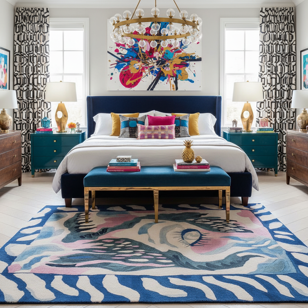 Colorful bedroom with a blue bed, abstract art, and patterned rug.