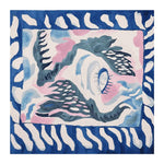 Celestial Eye Flow Hand Tufted Rug showcasing an abstract design with swirling blues, pinks, and whites. This wool area rug features a bold contemporary pattern, perfect for adding a unique touch to living room spaces. The square area rug is ideal for those seeking distinctive living room rugs, especially in an 8x10 size.