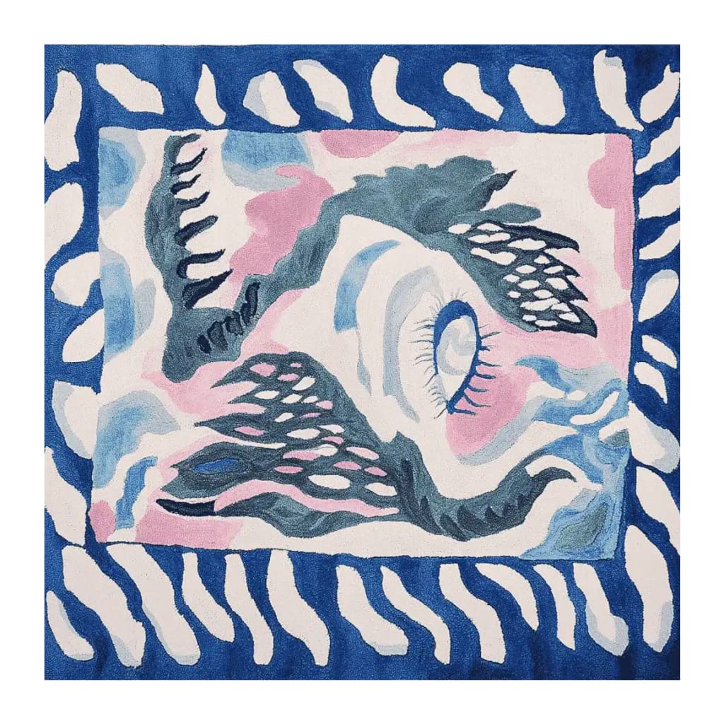 Celestial Eye Flow Hand Tufted Rug showcasing an abstract design with swirling blues, pinks, and whites. This wool area rug features a bold contemporary pattern, perfect for adding a unique touch to living room spaces. The square area rug is ideal for those seeking distinctive living room rugs, especially in an 8x10 size.