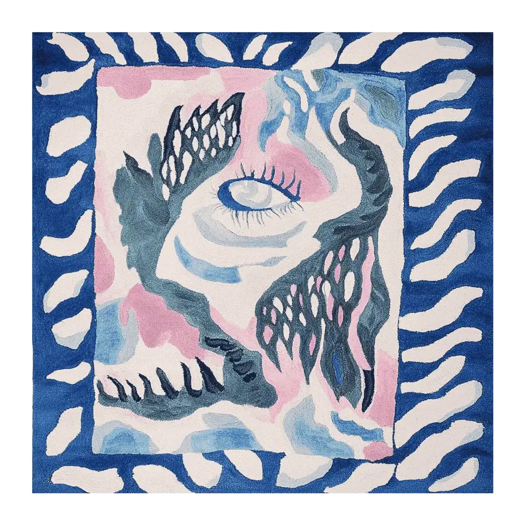 The Celestial Eye Flow Hand Tufted Rug is a square area rug featuring a bold and contemporary design. Made from high-quality wool, this rug showcases an abstract pattern in shades of blue, pink, and white, with a central eye motif. Perfect for adding a modern touch to living room spaces, this 8x10 wool rug is both stylish and durable.