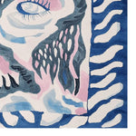 Contemporary area rug featuring an abstract design with a celestial eye pattern in shades of blue, pink, and white. This hand-tufted wool rug is perfect as a square area rug for living rooms, offering a stylish and modern touch. Ideal for those seeking living room rugs sized 8x10 or unique square rugs.