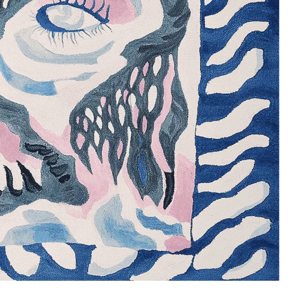 Contemporary area rug featuring an abstract design with a celestial eye pattern in shades of blue, pink, and white. This hand-tufted wool rug is perfect as a square area rug for living rooms, offering a stylish and modern touch. Ideal for those seeking living room rugs sized 8x10 or unique square rugs.