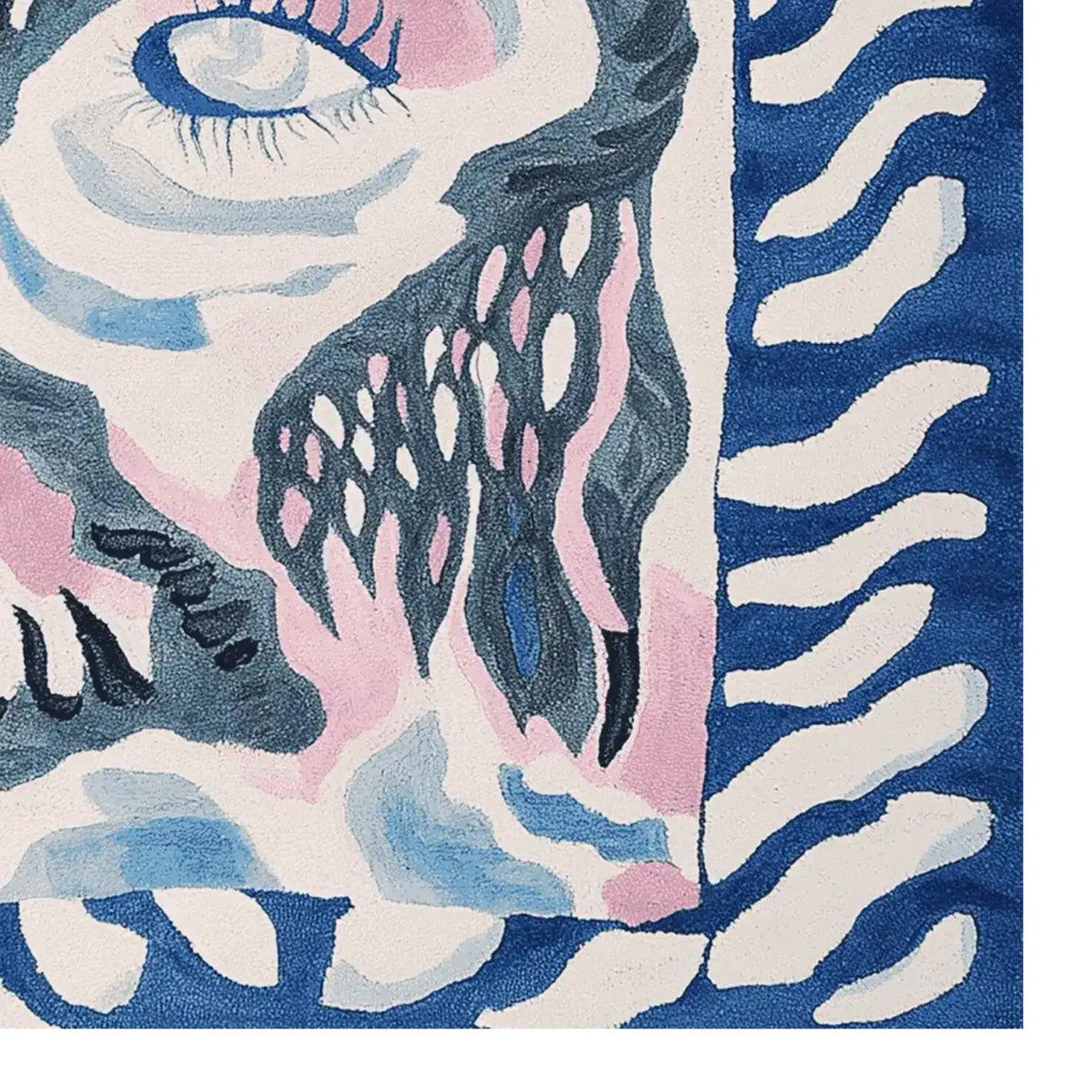 Contemporary area rug featuring an abstract design with a celestial eye pattern in shades of blue, pink, and white. This hand-tufted wool rug is perfect as a square area rug for living rooms, offering a stylish and modern touch. Ideal for those seeking living room rugs sized 8x10 or unique square rugs.