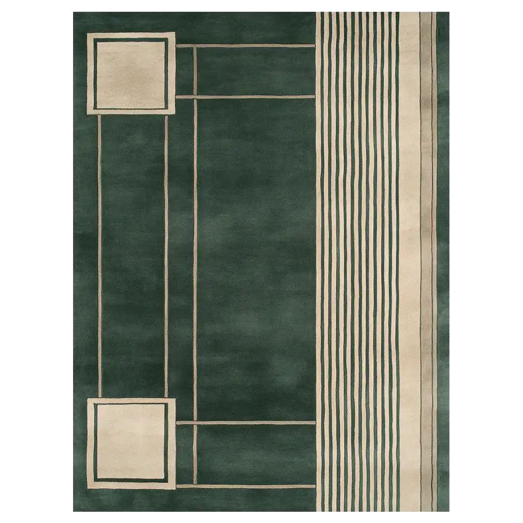 Top view of the Celestial Flight Hand Tufted Wool Area Rug showcasing a modern geometric design with bold lines and contrasting squares. The deep green and beige tones bring a sophisticated touch to any room decor.