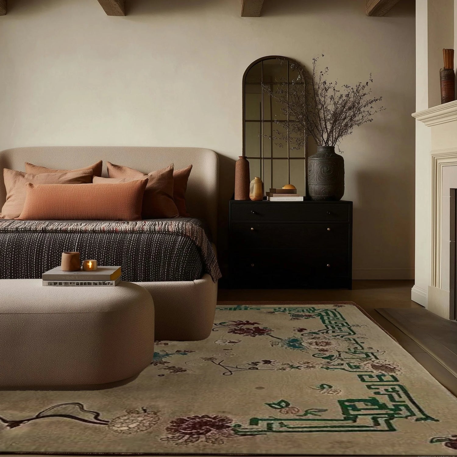 Celestial Floral Dream Hand Knotted Rug in warm neutral bedroom — ivory ground with teal fret border and burgundy florals, styled under arched mirror