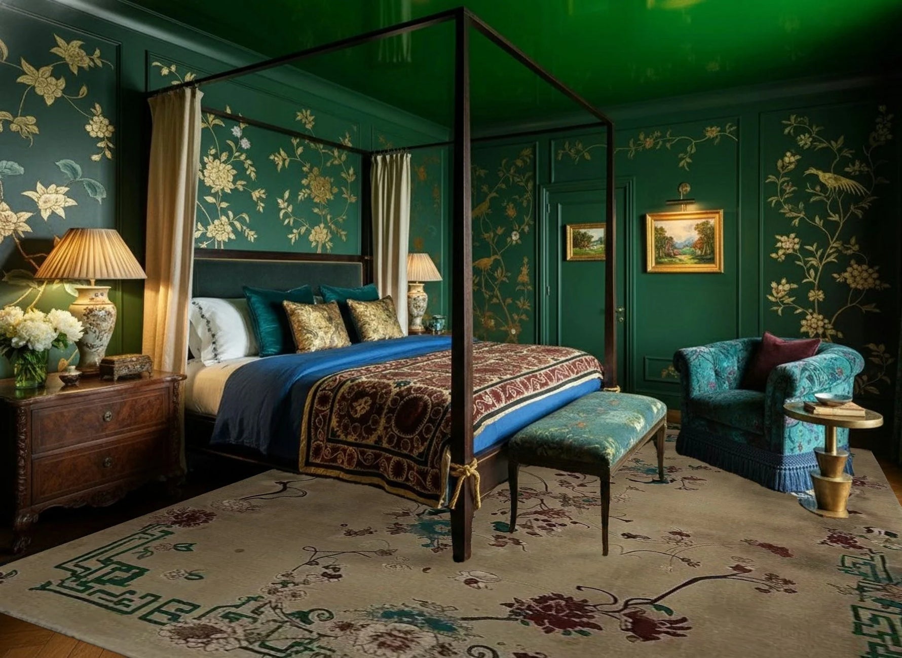 Luxurious bedroom with green walls, floral patterns, and elegant furniture.