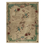 Celestial Floral Dream rug in beige with a green fretwork border and scattered floral vine motifs