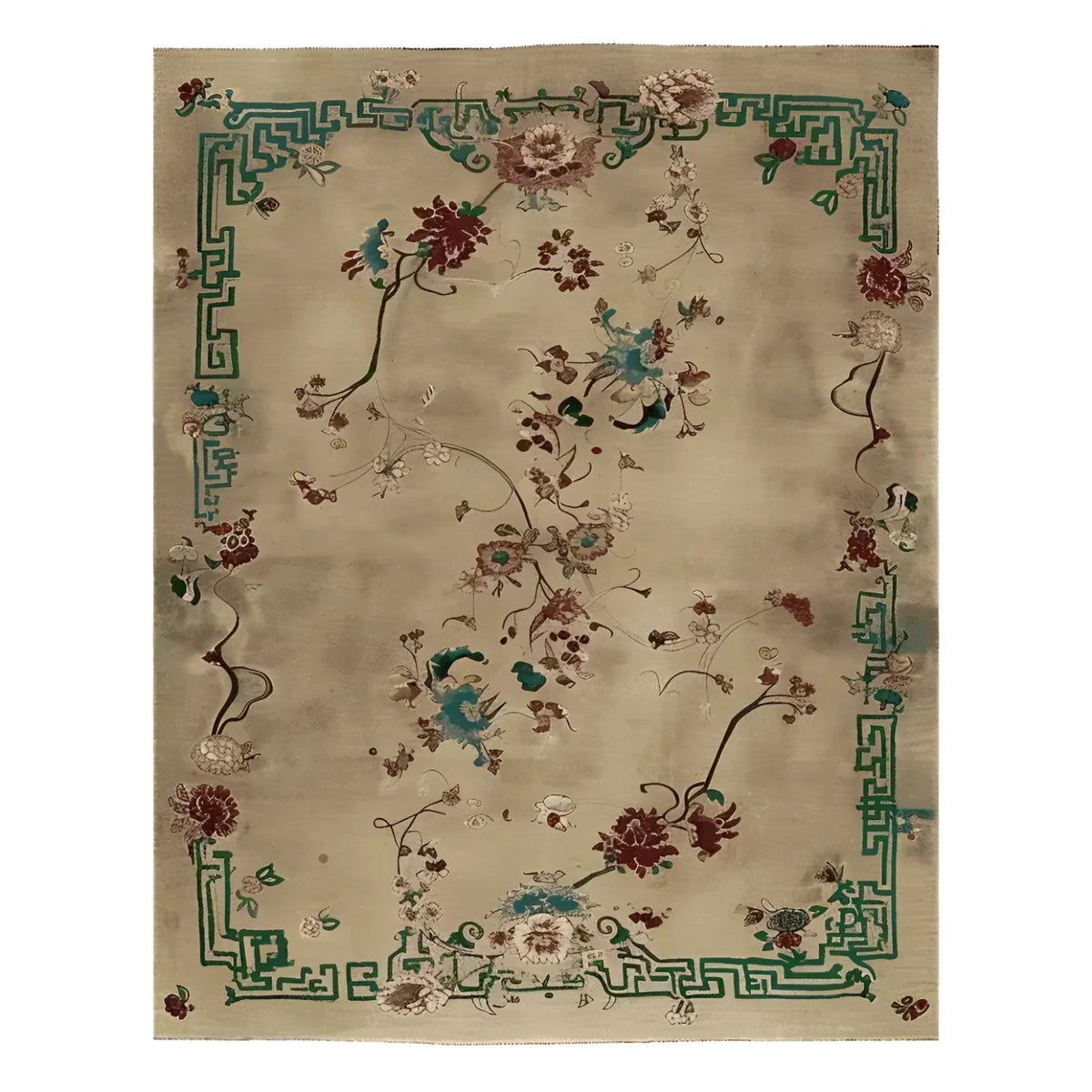 Celestial Floral Dream rug in beige with a green fretwork border and scattered floral vine motifs