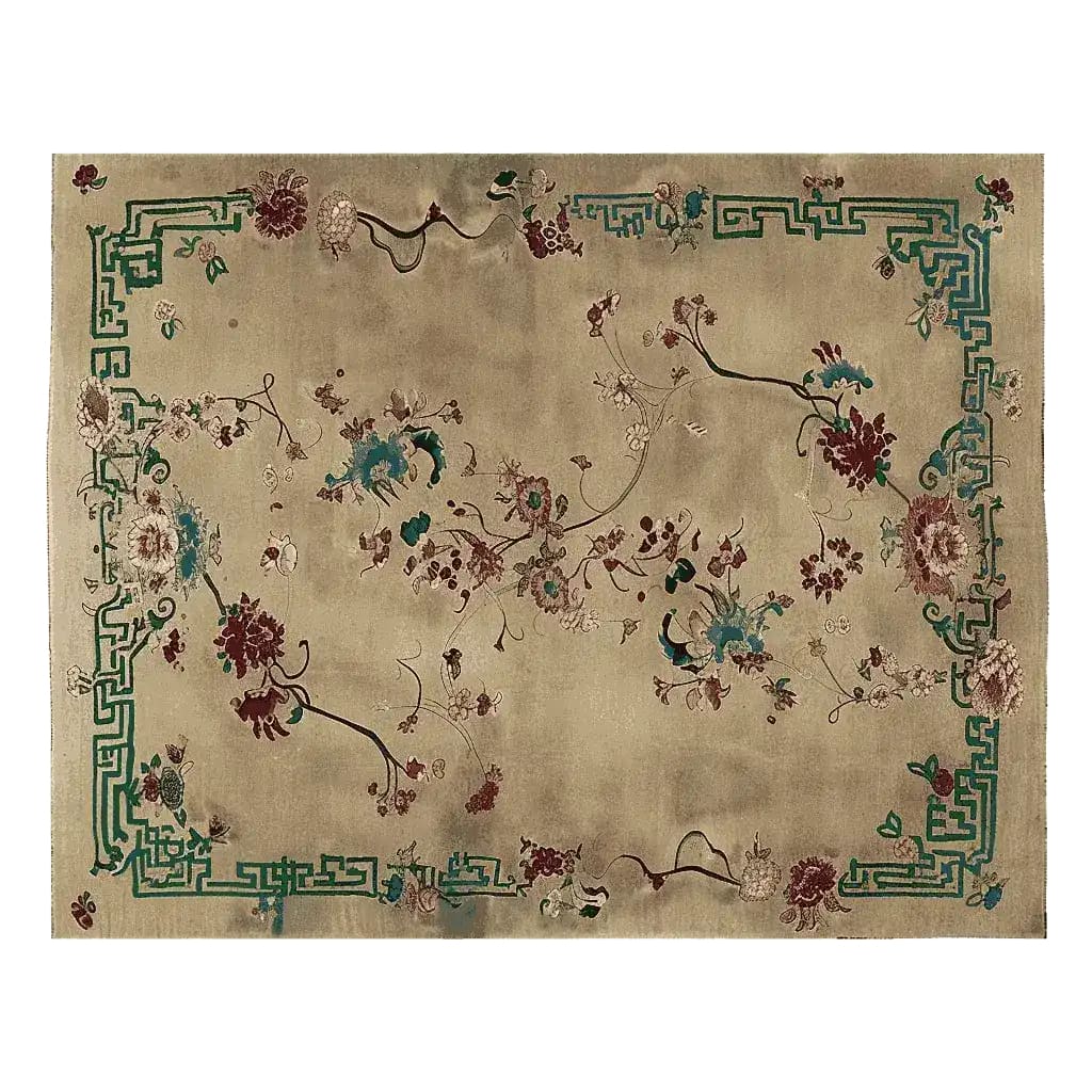 A beautifully crafted area rug featuring a celestial floral design, hand knotted in rich wool. This elegant floral rug, perfect for enhancing living room decor, showcases intricate patterns with a harmonious blend of colors on a neutral background.