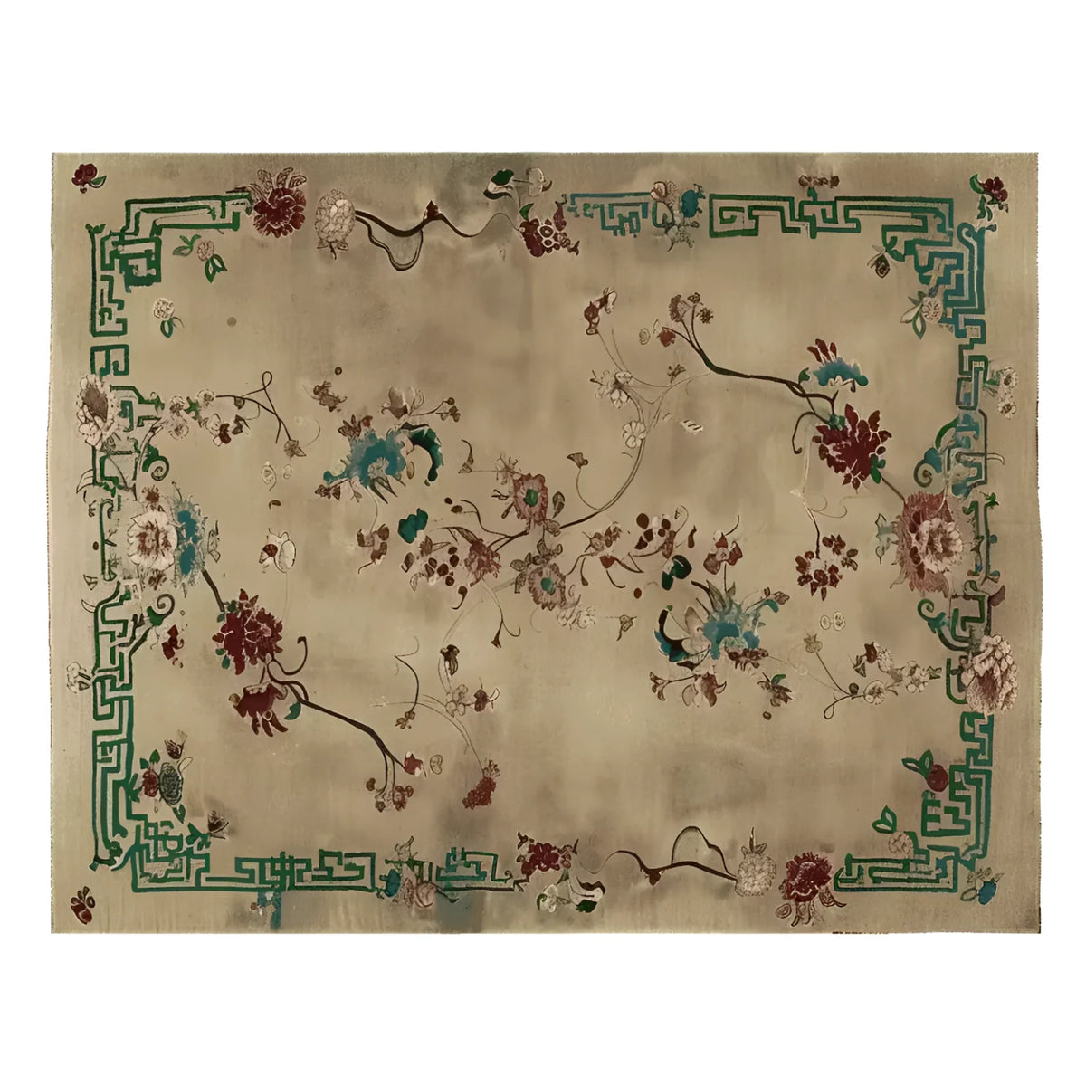 A beautifully crafted area rug featuring a celestial floral design, hand knotted in rich wool. This elegant floral rug, perfect for enhancing living room decor, showcases intricate patterns with a harmonious blend of colors on a neutral background.