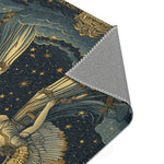 Celestial Gemini Zodiac-Inspired Rug corner fold detail showing twin figure robes and gold stars on dark navy field