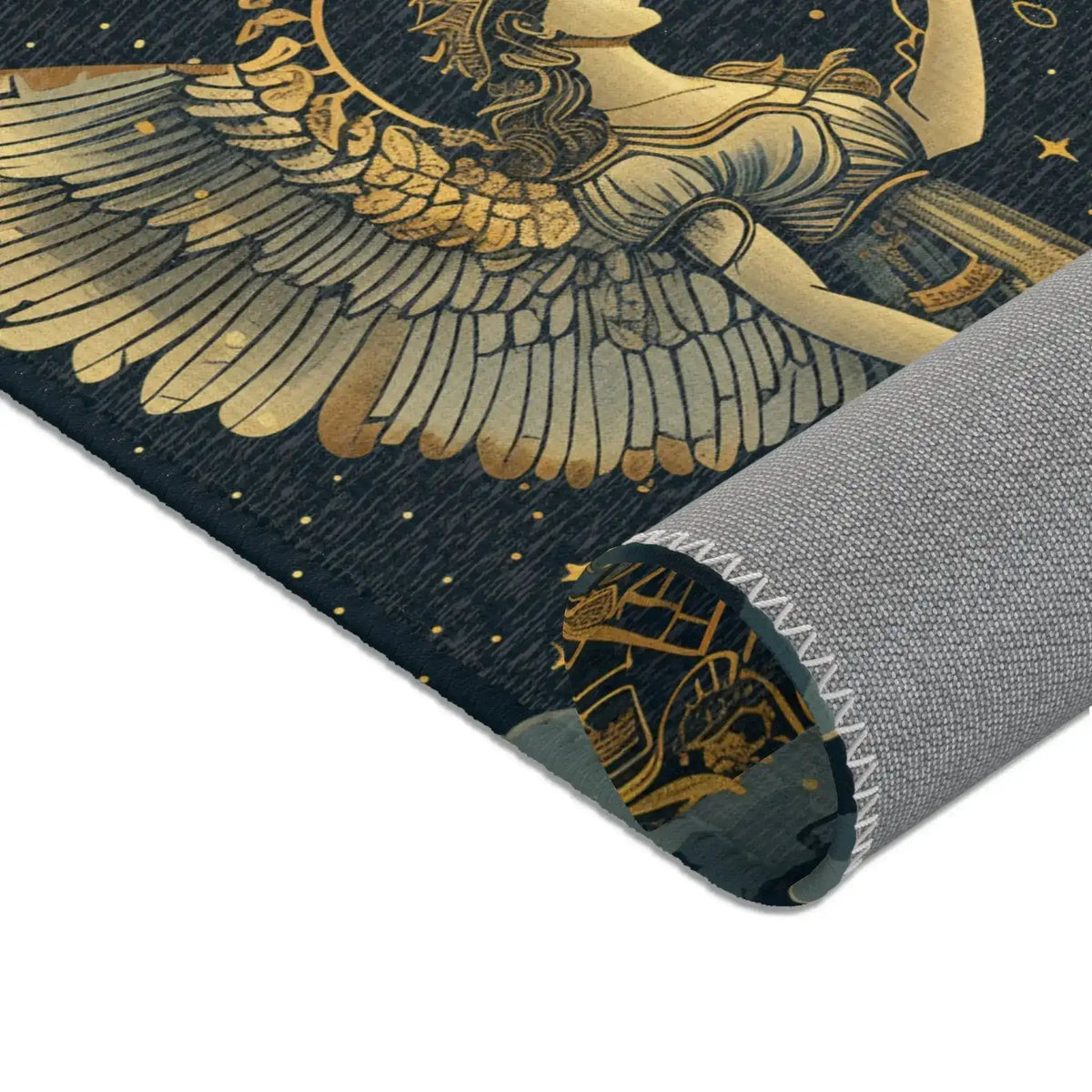 Celestial Gemini Zodiac-Inspired Rug rolled edge showing gold-winged figure detail and grey non-slip backing