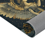 Celestial Gemini Zodiac-Inspired Rug rolled edge showing gold-winged figure detail and grey non-slip backing