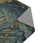 Celestial Gemini Zodiac-Inspired Rug corner fold detail showing cloud robes and gold sash on dark navy background