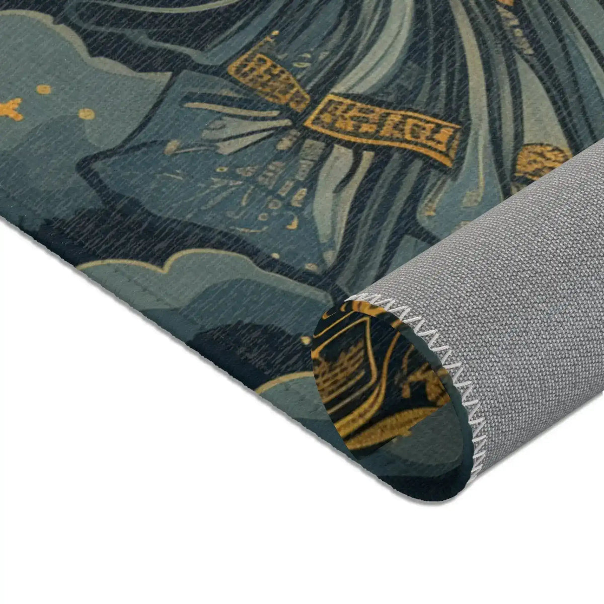 Celestial Gemini Zodiac-Inspired Rug rolled corner close-up with blue cloud robe and gold ornamental details on black