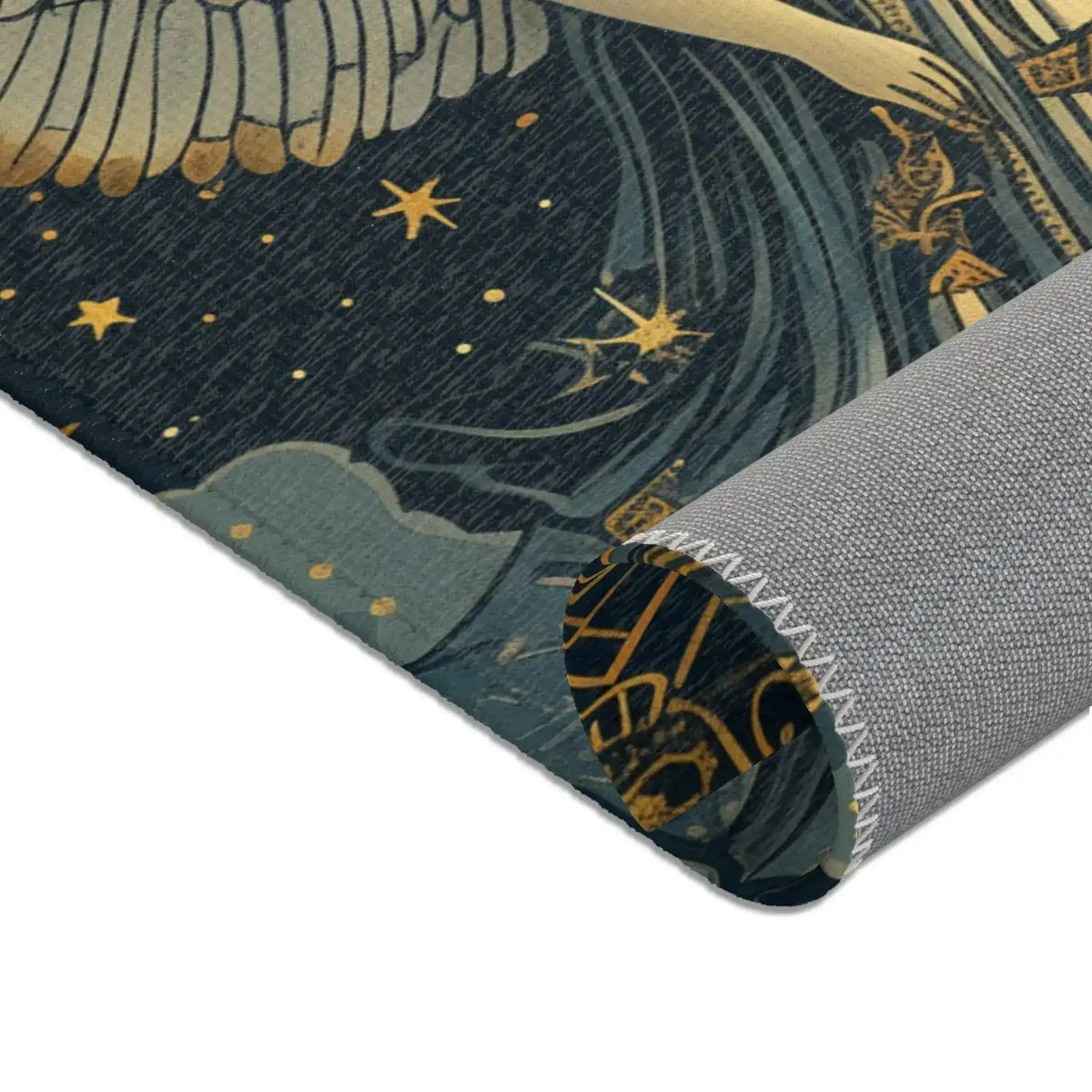 Celestial Gemini Zodiac-Inspired Rug rolled corner detail showing gold star navy pattern and grey non-slip backing