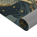 Celestial Gemini Zodiac-Inspired Rug rolled corner detail showing gold star navy pattern and grey non-slip backing